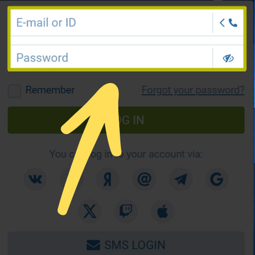 Enter your 1xBet username and password