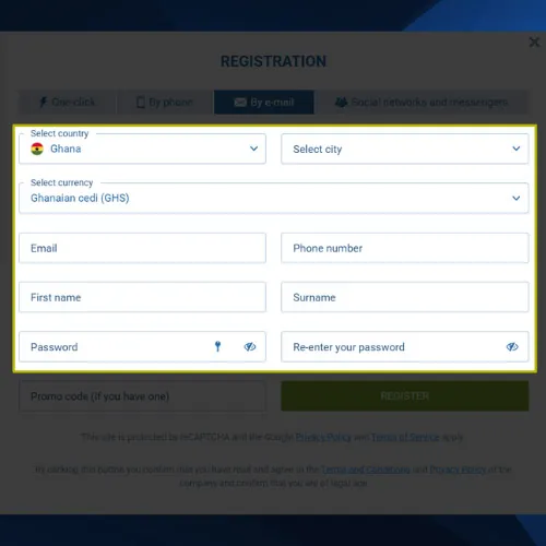 Fill in all the required fields in the 1xBet form
