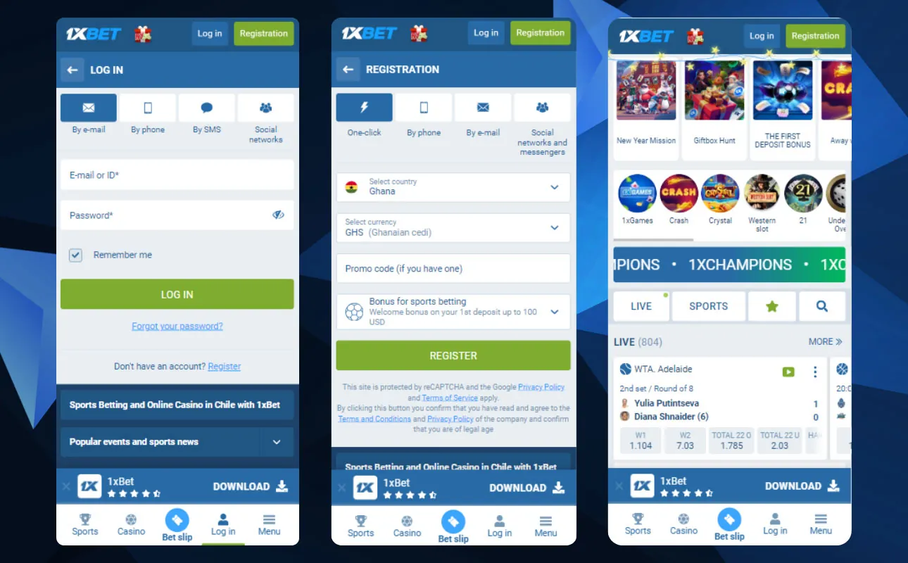 Interface of the 1xbet mobile app